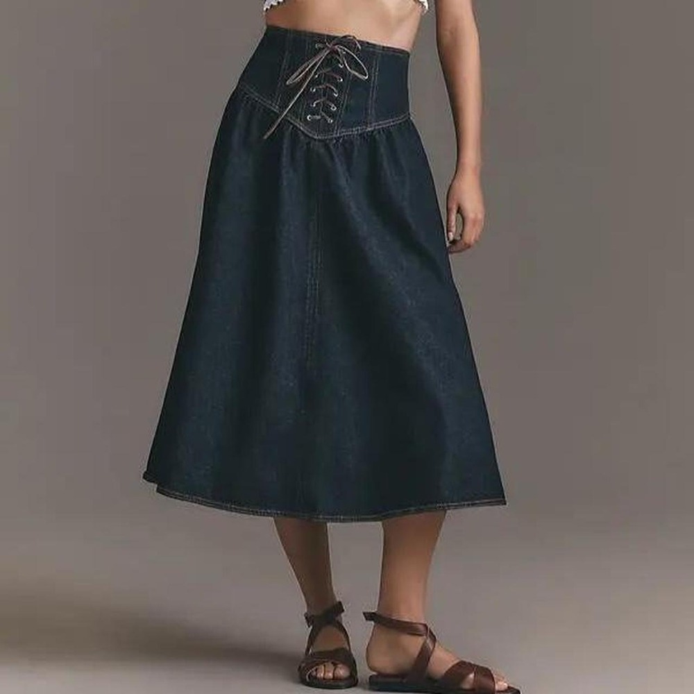 Pilcro Denim Lace Up Midi Skirt Women's Size 10 Corset Pirate Renaissance Boho